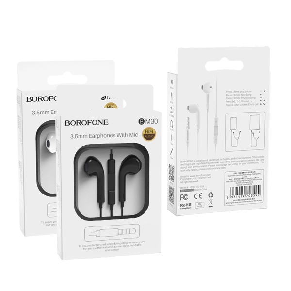 ყურსასმენი BOROFONE BM30 Original series wire control earphones with mic white