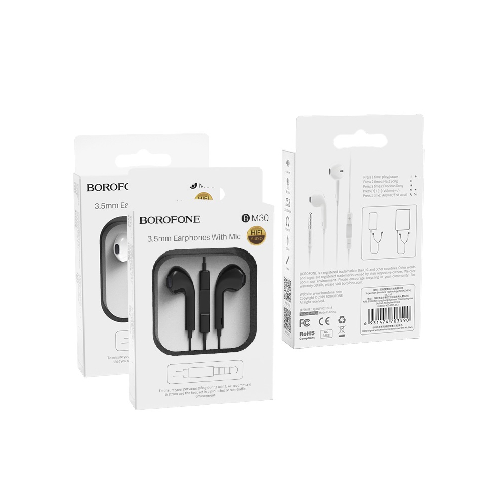 ყურსასმენი BOROFONE BM30 Original series wire control earphones with mic white