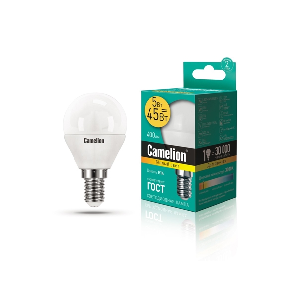 ეკონომიური LED ნათურა  Camelion LED5-G45/830/E14