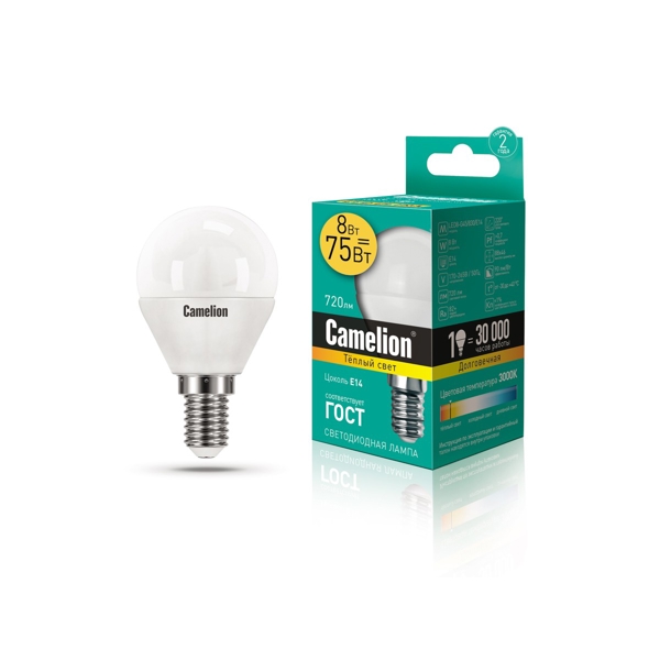 ეკონომიური LED ნათურა Camelion LED8-G45/830/E14