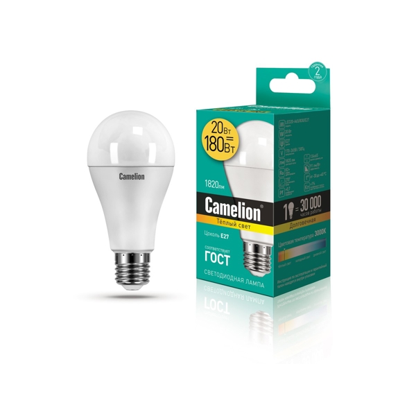 ეკონომიური LED ნათურა Camelion  LED20-A65/830/E27