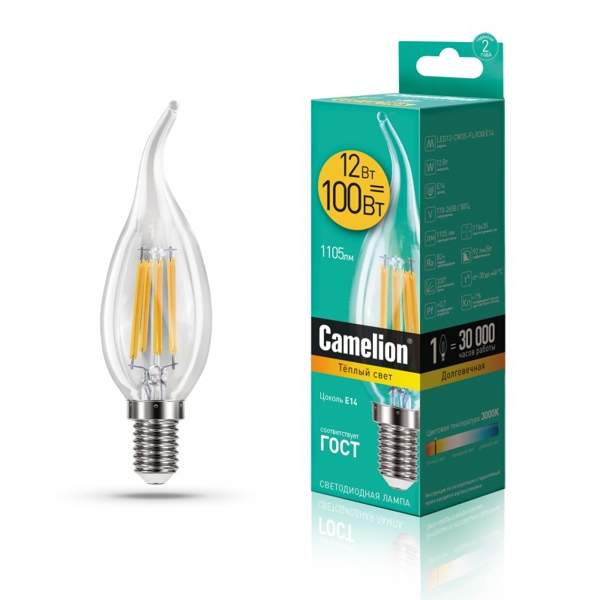 ეკონომიური LED ნათურა ფილამენტი Camelion LED12-CW35-FL/830/E14