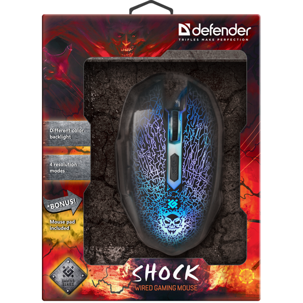 მაუსი Defender Shock GM-110L black,6 buttons, 3200dpi