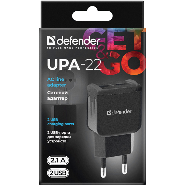 დამტენი Defender UPA-22 black, 2xUSB, 2.1A