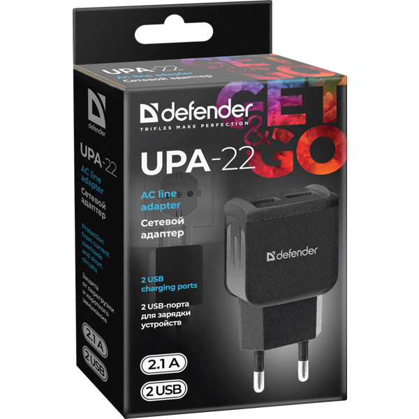 დამტენი Defender UPA-22 black, 2xUSB, 2.1A