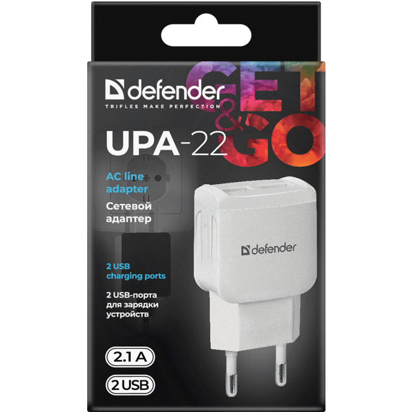 დამტენი Defender  UPA-22 white, 2xUSB, 2.1A