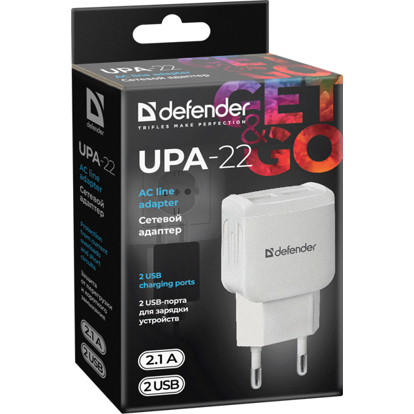 დამტენი Defender  UPA-22 white, 2xUSB, 2.1A