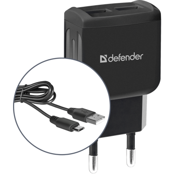 მობილურის დამტენი  Defender UPC-21 2xUSB,5V/2.1A, microUSB cable