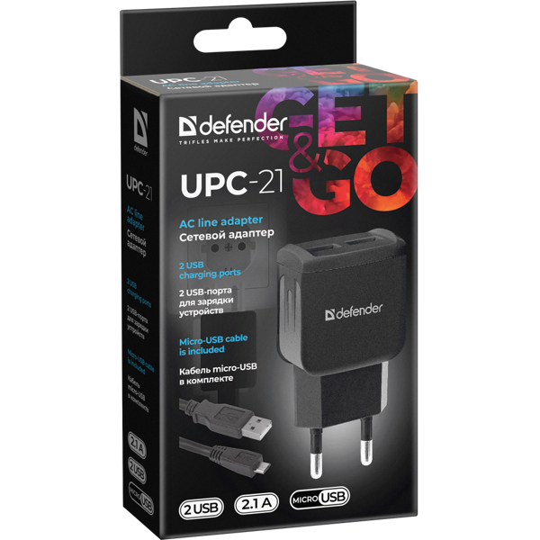 დამტენი  Defender UPC-21 2xUSB,5V/2.1A, microUSB cable