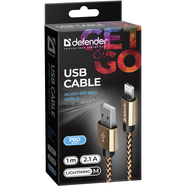 USB კაბელი Defender ACH01-03T PRO USB2.0 Golden, AM-LightningM,1m,2.1А