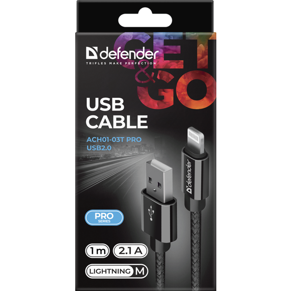 USB კაბელი Defender ACH01-03T PRO USB2.0 Black  AM-LightningM, 1m 2.1A