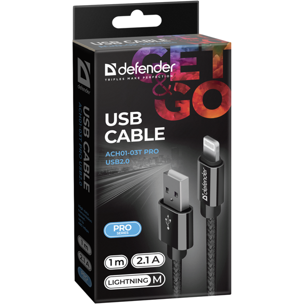 USB კაბელი Defender ACH01-03T PRO USB2.0 Black  AM-LightningM, 1m 2.1A