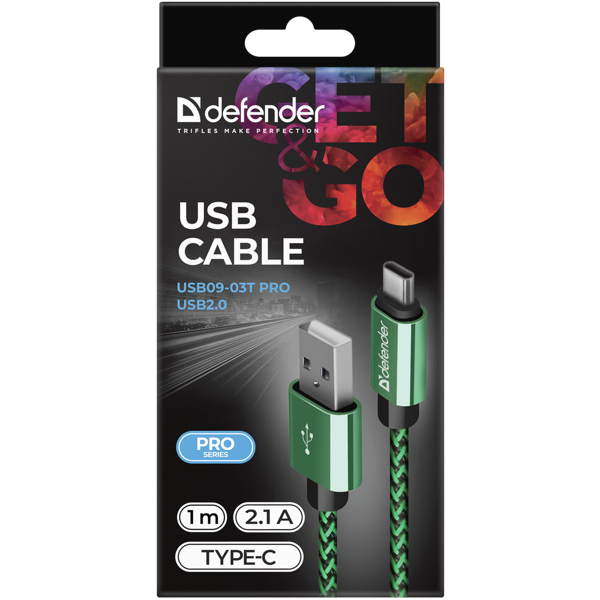 USB კაბელი Defender USB09-03T PRO USB2.0 Green, AM-Type-C