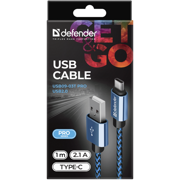 USB კაბელი Defender USB09-03T PRO USB2.0 Blue, AM-Type-C