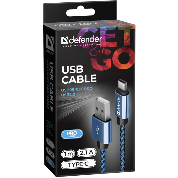 USB კაბელი Defender USB09-03T PRO USB2.0 Blue, AM-Type-C