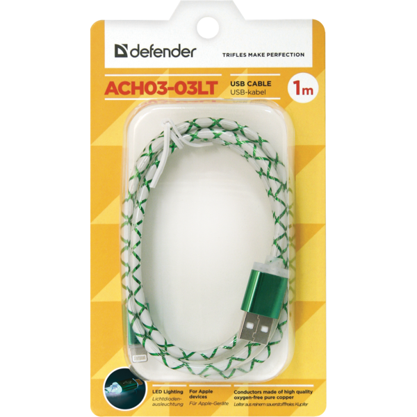 USB კაბელი Defender ACH03-03LT green, LED, USB-Lightning