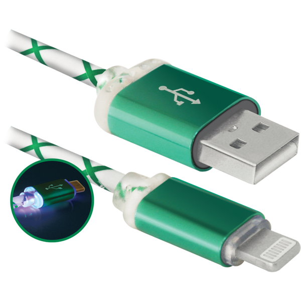 USB კაბელი Defender ACH03-03LT green, LED, USB-Lightning