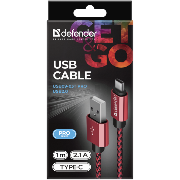 USB კაბელი Defender USB09-03T PRO USB2.0 Red, AM-Type-C