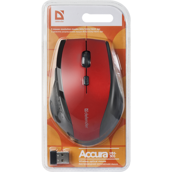 უკაბელო მაუსი Defender Accura MM-365 Red,6D, 800-1600 dpi