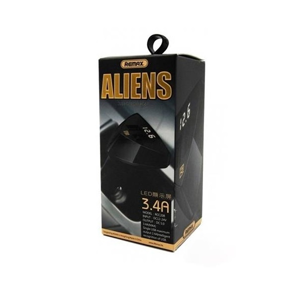 მანქანის მულტიფუნქციური დამტენი REMAX RCC208 BL. Aliens 2 USB Voltage-visible