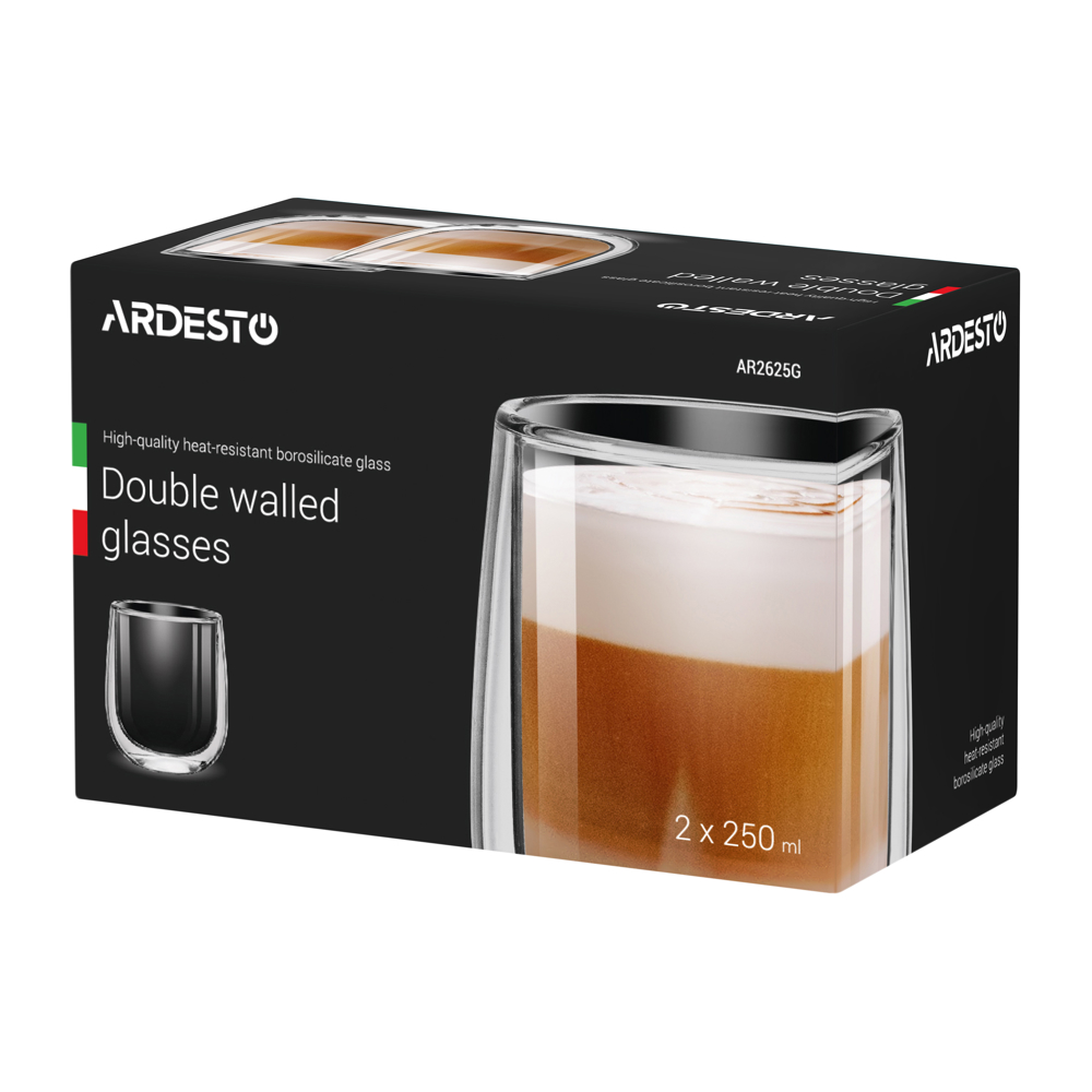 ARDESTO Double wall borosilicate glass mug set, 0.25L, 2 pcs