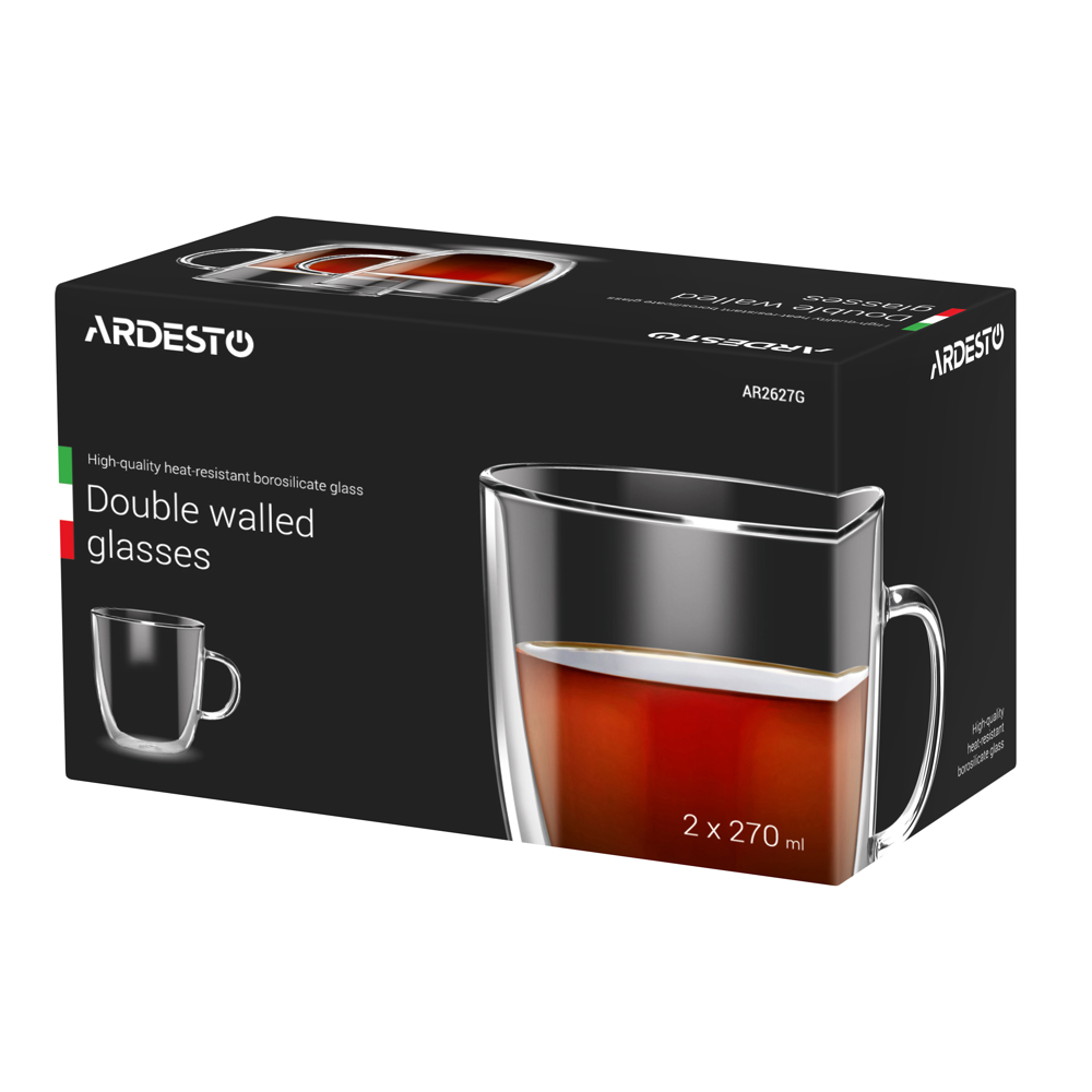 ჭიქა ARDESTO Double wall borosilicate glass cup set, 0.27l, 2 pcs with handles