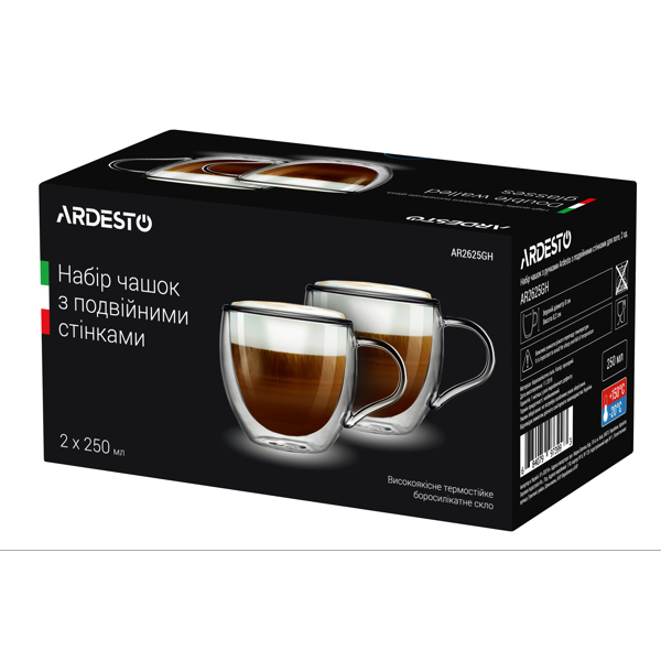 ჭიქა ARDESTO Double wall borosilicate glass mug set 250 ml 2 pcs with handles