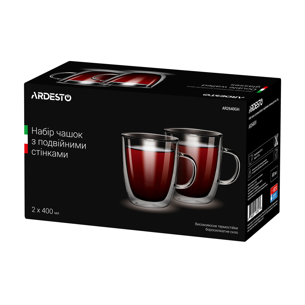 ARDESTO Double wall borosilicate glass mug set, 0.4l, 2 pcs