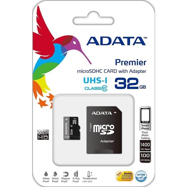 SD ბარათი ADATA AUSDH32GUICL10-RA1 MicroSD Card CL10 with adaptor-Retail packing ADATA (32GB)