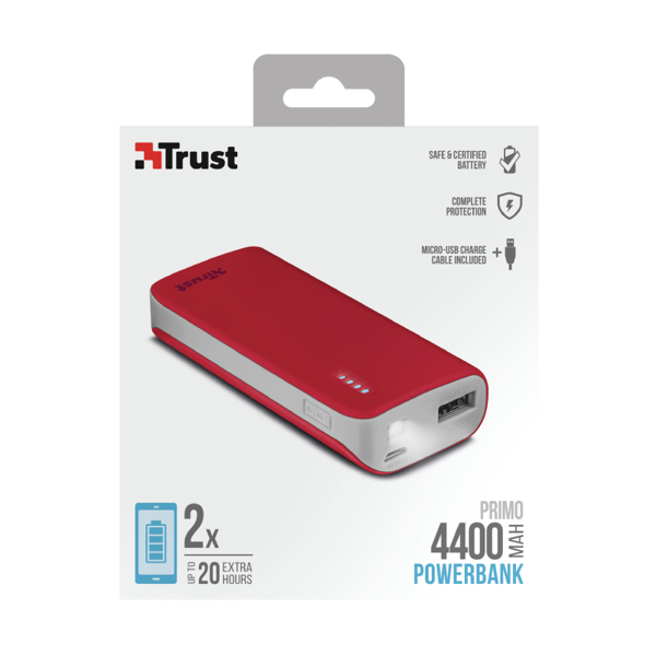 პორტატული დამტენი trust Primo PowerBank 4.400 Portable Charger - red