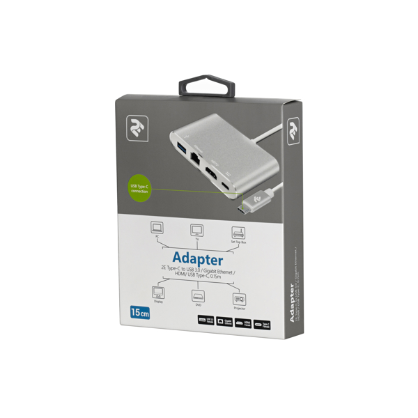 ადაპტერი 2E Adapter Type C to USB 3.0Gigabit EthernetHDMIUSB Type C, 0.15m, silver
