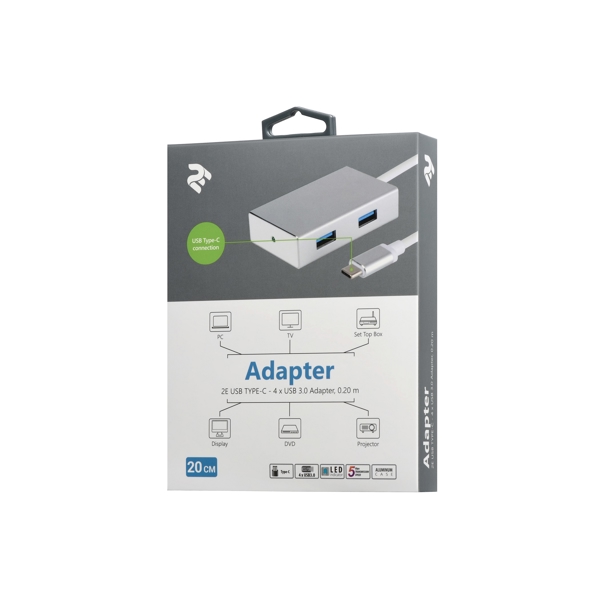 USB ჰაბი 2E W1407 Adapter USB TYPE-C to 4xUSB3.0 A/F Hub Aluminum casing, 0.20m