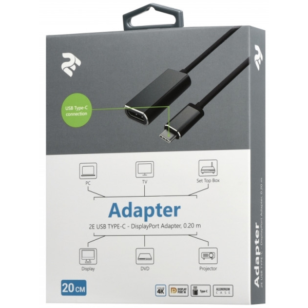 ადაპტერი 2E Adepter USB-C to DisplayPort, Aluminum casing, 0.2m