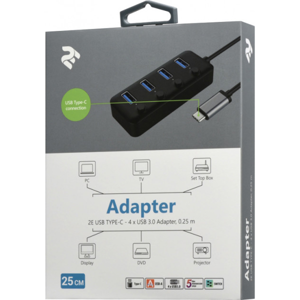 USB ჰაბი 2E Adepter USB-C to 4xUSB3.0 A Hub with switch, 0.25m