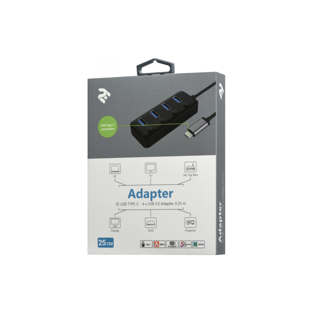 USB ჰაბი 2E Adepter USB-C to 4xUSB3.0 A Hub with switch, 0.25m