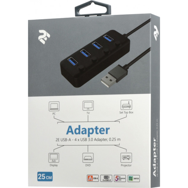 USB ჰაბი 2E Adepter USB-A to 4xUSB3.0 hub with switch, 0.25m