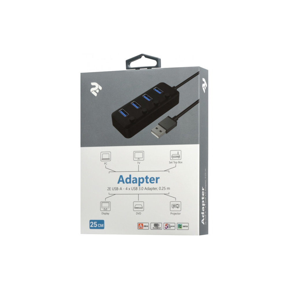 2E Adepter USB-A to 4xUSB3.0 hub with switch, 0.25m