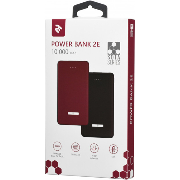 პორტატული დამტენი 2E PB1007AS Power Bank SOTA series Slim 10000mAh, DC 5V, 2USB-2.1A&2.1A, black