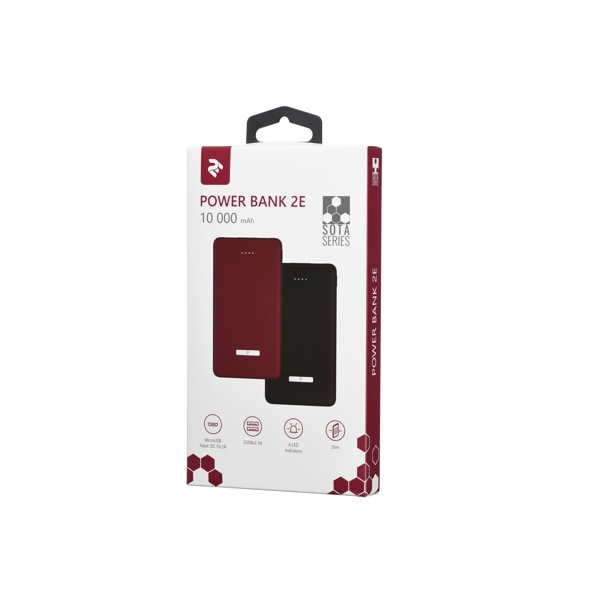 პორტატული დამტენი 2E PB1007AS Power Bank SOTA series Slim 10000 mAh, DC 5V, 2USB-2.1A&2.1A, red