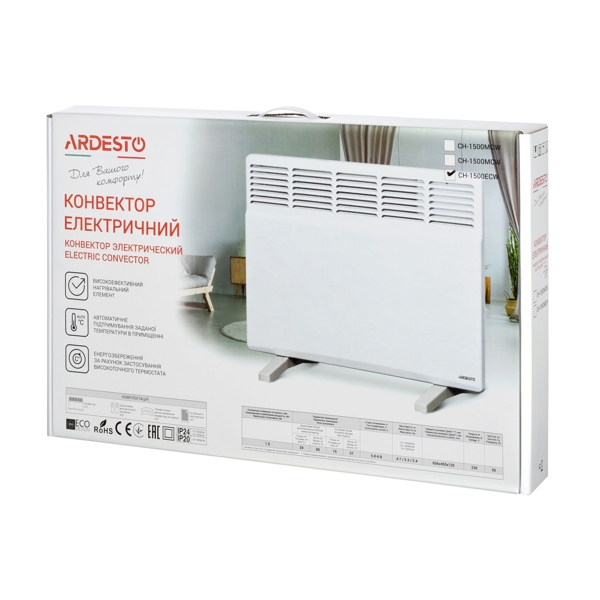 ელექტრო გამათბობელი ARDESTO СН-1500ECW Electric convector, 15 m², 1500 W, LED-display White