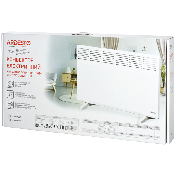 ელექტრო გამათბობელი ARDESTO CH-2000MCW, Electric convector 20 m², 2000 W White