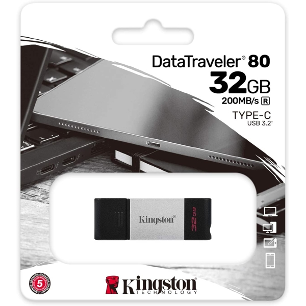 ფლეშ მეხსიერება Kingston 32GB USB-C 3.2 Gen 1 DT80 Black/Silver