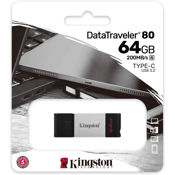 ფლეშ მეხსიერება Kingston 64GB USB-C 3.2 Gen 1 DT80 Black/Silver