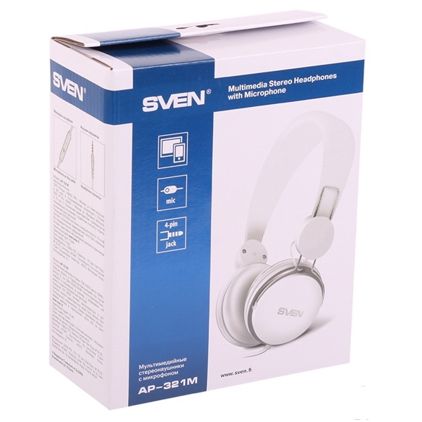 ყურსასმენი SVEN AP-321M with microphone jack 3.5 mm (4 pin) Volume control 1.2m white