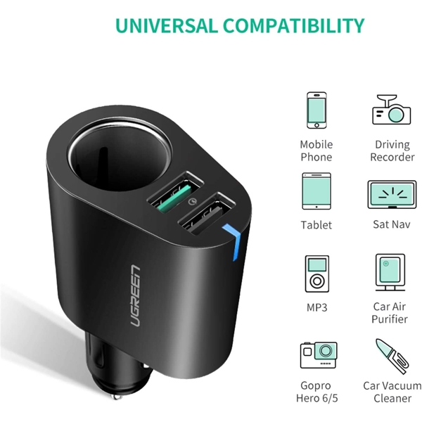 მანქანის USB დამტენი UGREEN CD166 (40736) Dual Port Car Charger with Expansion Sockets 2.4A + QC3.0