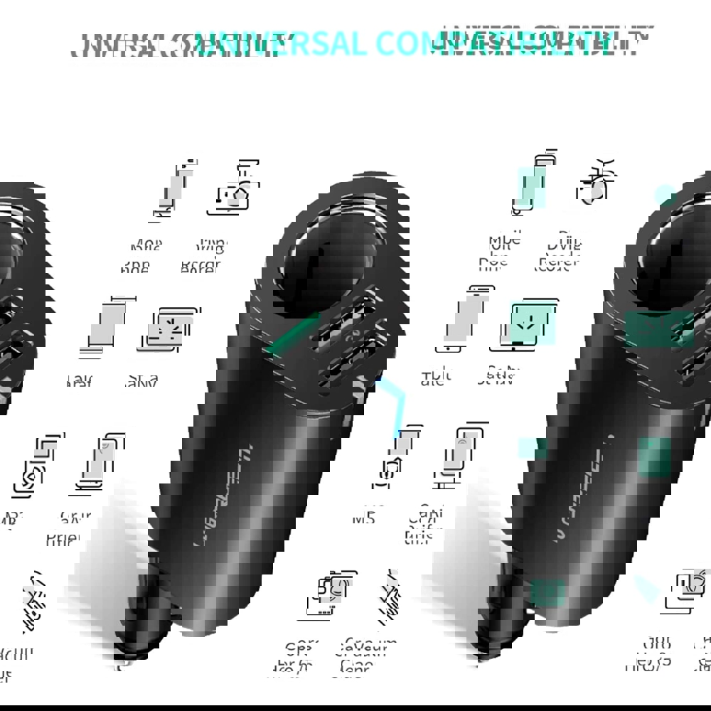 მანქანის USB დამტენი UGREEN CD166 (40736) Dual Port Car Charger with Expansion Sockets 2.4A + QC3.0