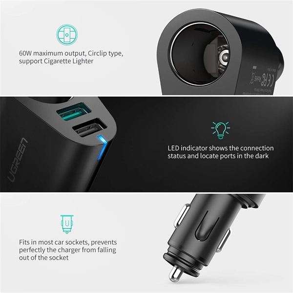 მანქანის USB დამტენი UGREEN CD166 (40736) Dual Port Car Charger with Expansion Sockets 2.4A + QC3.0