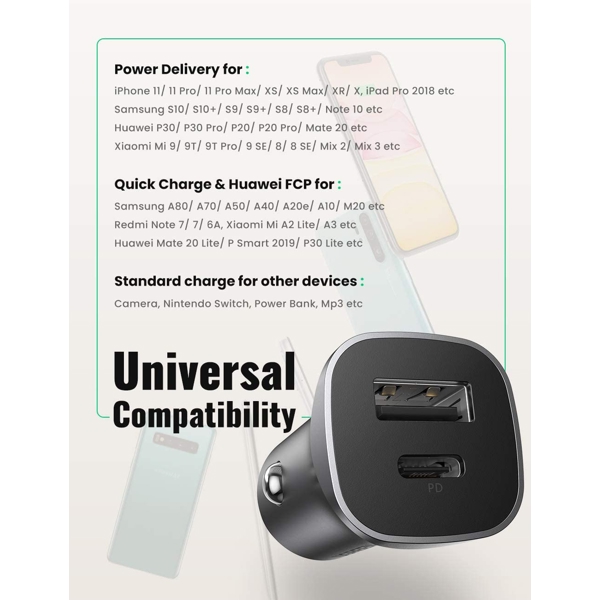 მანქანის USB დამტენი UGREEN CD130 (30780) Dual USB Car Charger 24W Type-C