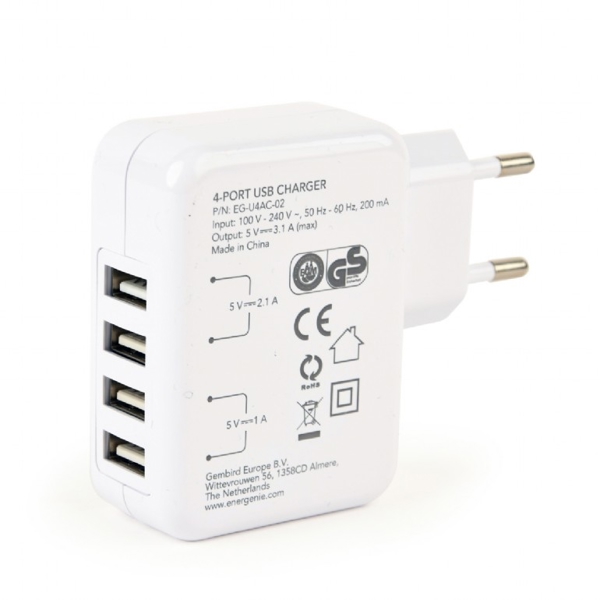 მობილურის დამტენი Gembird EG-U4AC-02 Universal USB charger 3.1 A