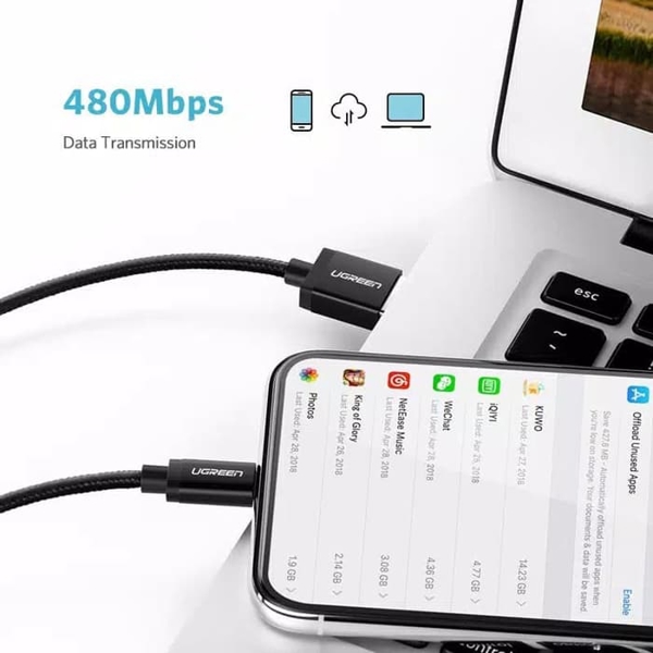 USB კაბელი UGREEN US291 (60156) USB 2.0 A to Apple Lightning Cable Nickel Plating Aluminum Braid 1m (Black)